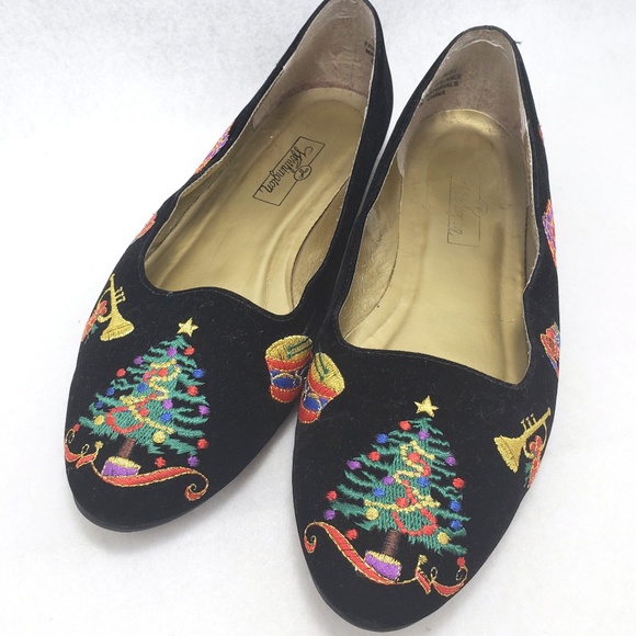 Brighton Shoes - Christmas Tree Shoes 8.5 Embroidered Black Flats